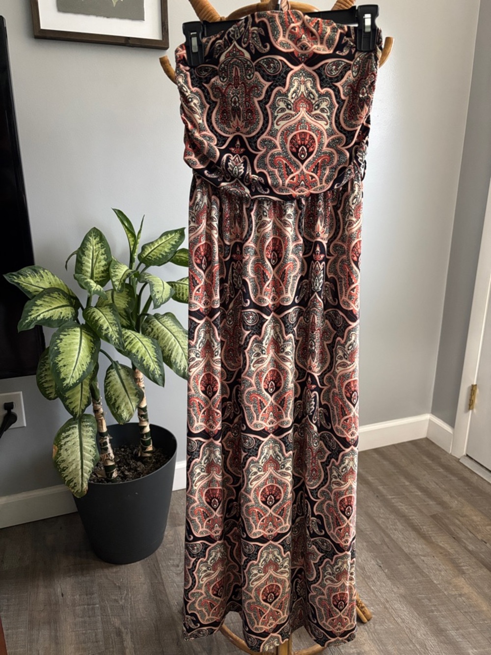 Strapless Paisley Maxi Dress in Rust and Black